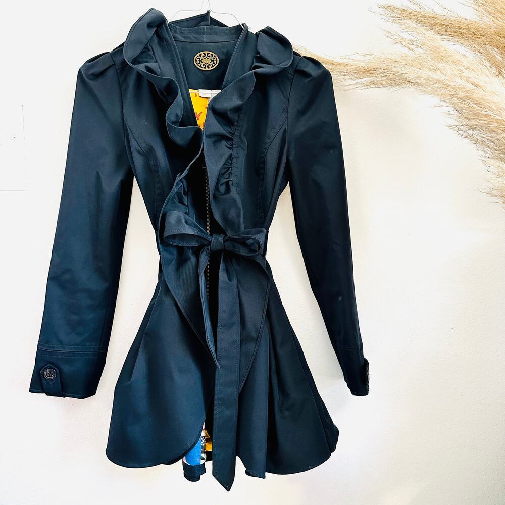 ANTHROPOLOGIE Idra Clinton Navy Blue Ruffle Zip Front Trench Coat Jacket 2